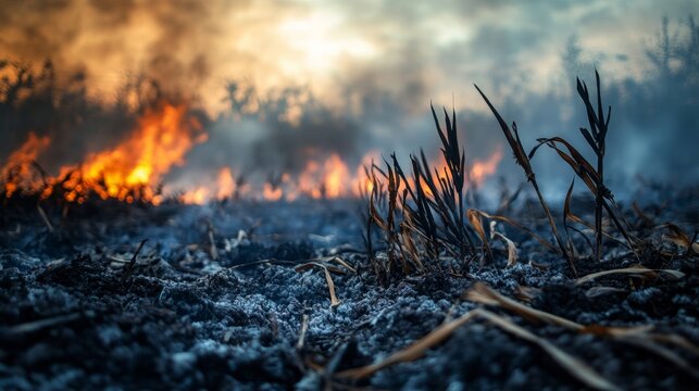 scorched vegetation under a smoke-filled sky; climate emergency generative ai