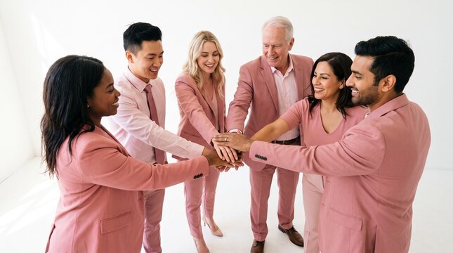 Diverse business team in pink suits joins hands in unity and success