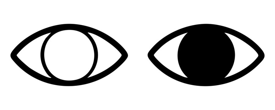 Black human eye vector illustration shows outline and solid iris versions for vision health design.