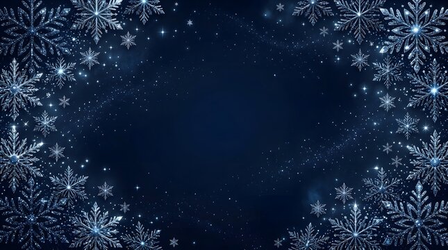 Dark blue winter holiday background with glowing snowflakes and glitter sparkle frame