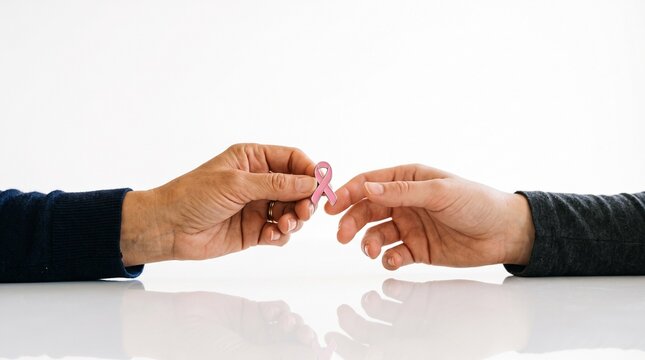 Hands exchanging pink ribbon symbol of breast cancer awareness and support
