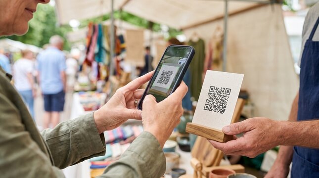 Customer scans QR code at outdoor market stall for contactless payment or information