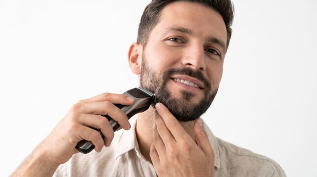 Man trimming his beard with an electric trimmer on a white background