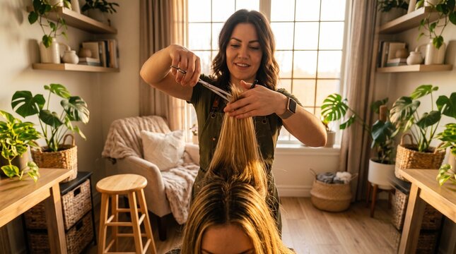 Hairdresser cutting client's blonde hair in a bright, plant-filled salon