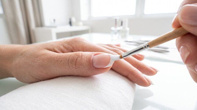 Close up of a manicurist applying white polish to the tip of a fingernail