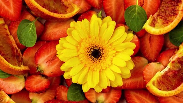 Bright yellow flower surrounded by fresh citrus fruits and colorful natural ingredients.