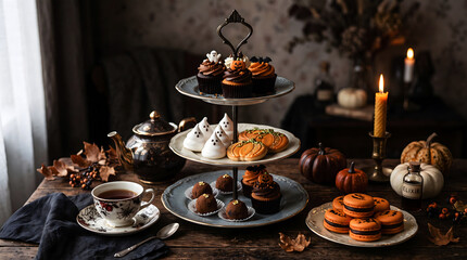 Fototapeta premium Elegant Halloween Tea Party with Cupcakes Cookies Macarons and Pumpkins