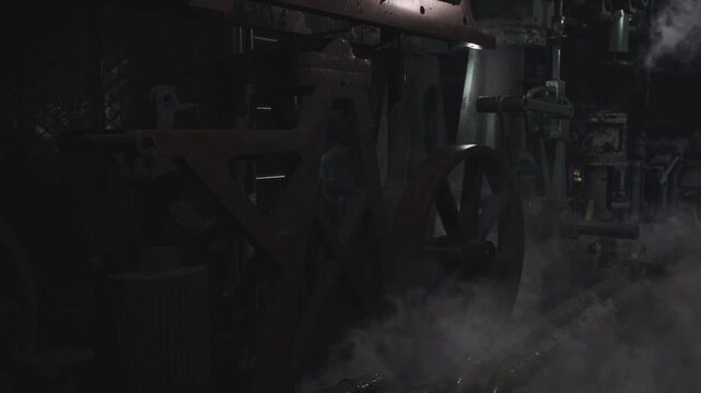 Dark steam filled engine room with massive gears, pistons and misty atmosphere cinematic low light highlights rusted metal, oil stains and textured surfaces,