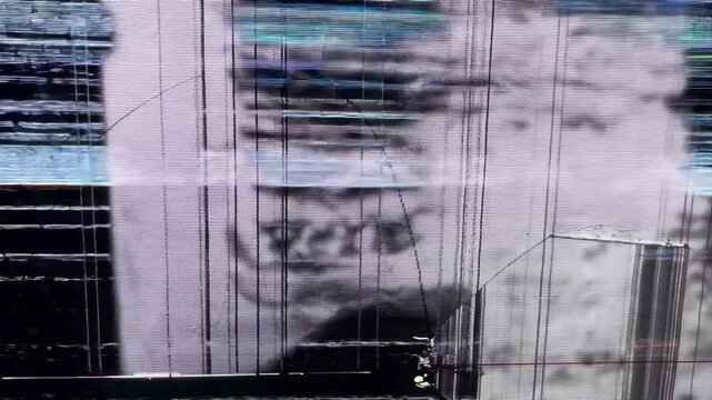 Defective Display Monitor Screen with Colorful Digital Signal Interference and Glitch	