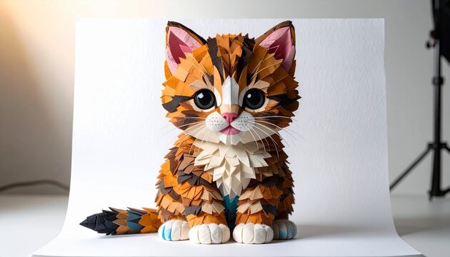 Cute Fluffy Paper Quilling Tabby Kitten Figurine