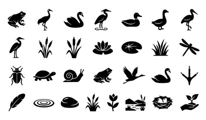 Fototapeta premium Wetland Animals and Water Plants Silhouette Vector Set with Frog Crane Swan and Water Lily
