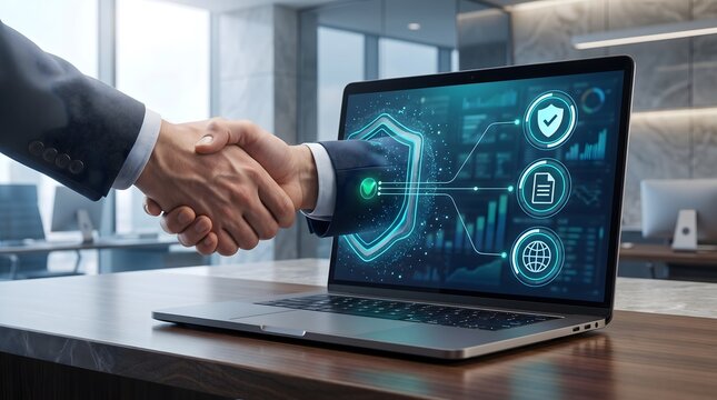 Digital handshake from laptop screen with security icons