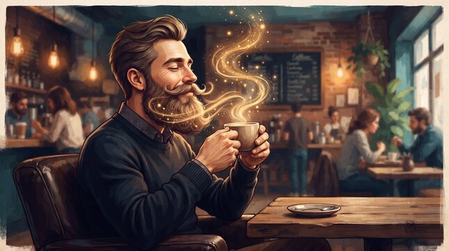 Man enjoying coffee with a thick beard in a cozy caf&eacute; setting - World Beard Day  