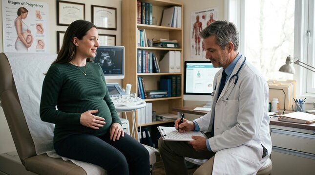 A young pregnant woman sits in an OB/GYN office, speaking with a male specialist who holds a clipboard