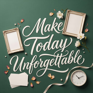 Elegant script calligraphy saying Make Today Unforgettable with decorative elements on dark green background