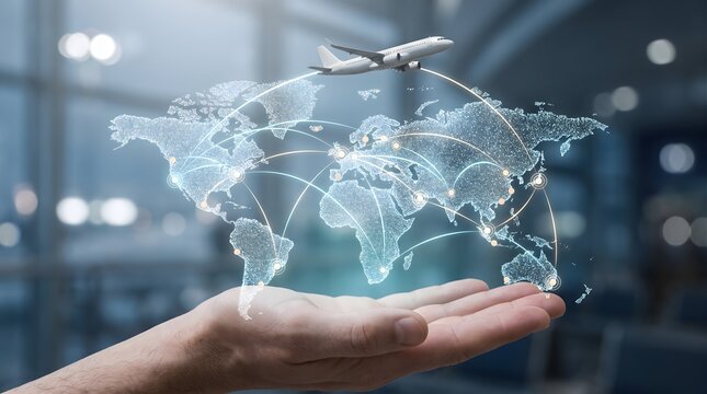 Hand holding glowing digital world map with airplane flying above