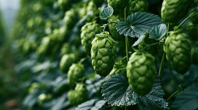 Close-up view of ripe green hop cones growing on a vine in a field