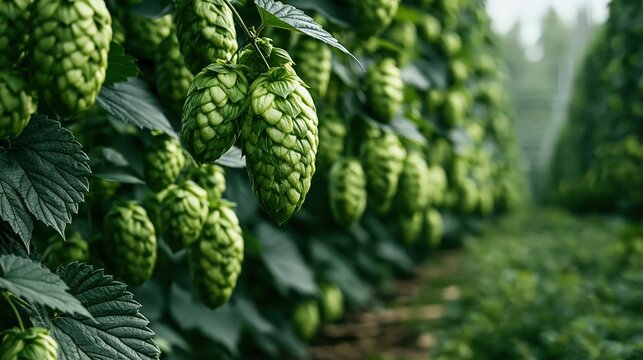 Rows of green hop cones growing on vines in a field