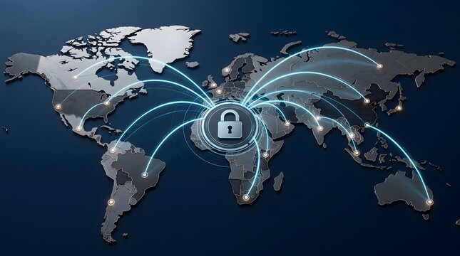Global network security with connected world map and lock icon