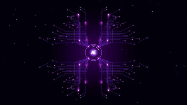 Futuristic artificial intelligence microchip processing digital data. Glowing purple circuit board with a central AI node pulsing on a dark background.