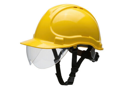 A bright yellow industrial safety helmet with a clear protective face shield and adjustable chin strap, isolated on a white background, for work isolated on a transparent background