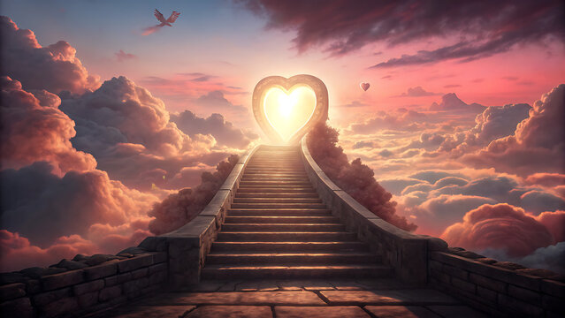 Stone staircase leading to a glowing heart portal in the clouds at sunset