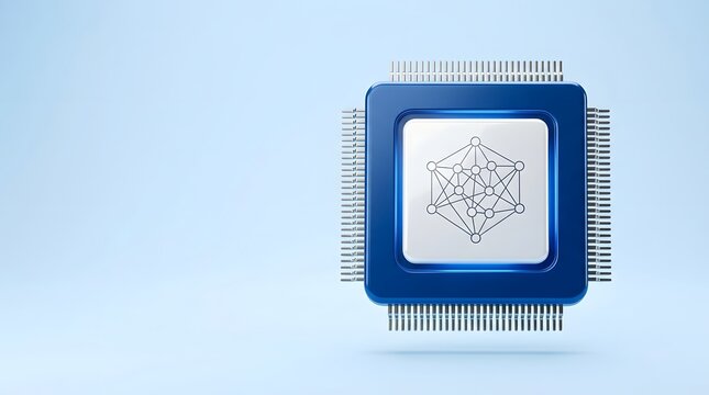 Microchip with artificial intelligence neural network icon floats on a light blue background.