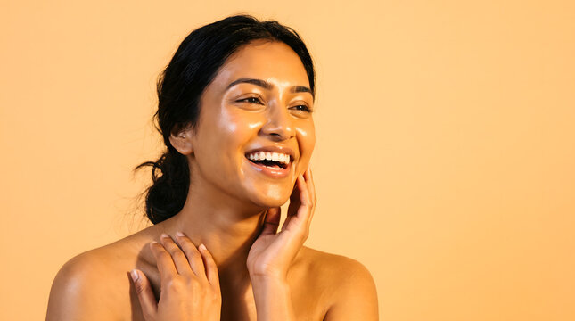 Joyful woman touching neck smiling looking away curly hair beauty portrait orange background closeup studio