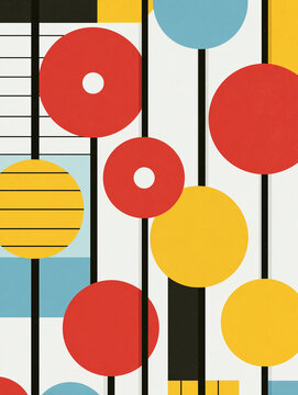 Abstract geometric art poster with colorful red yellow blue circles and lines inspired by Bauhaus mid-century style