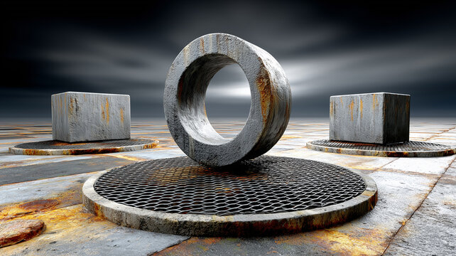 Industrial 3D rendering of rusted concrete ring and cubes on metal floor grate in dark atmospheric environment
