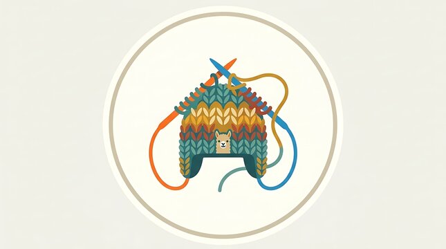 Llama peeking from knitted hat with knitting needles