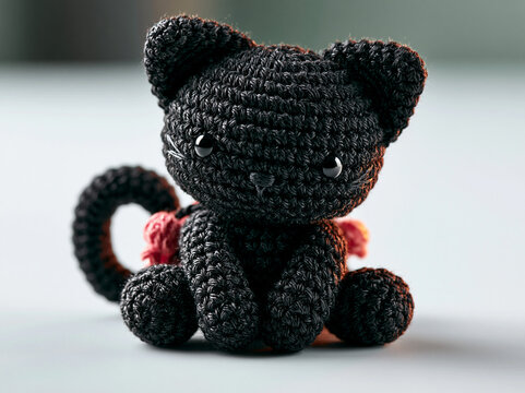 A small black crochet cat sitting on a surface with a soft blurred background.