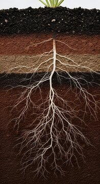 Plant Root System Diagram: A detailed cross-section showcasing the intricate root system of a plant extending deep into the soil layers, illustrating nutrient and water absorption.