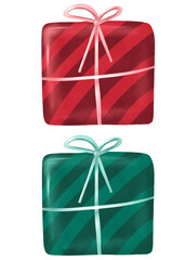 Festive watercolor wrapped presents in green polka dot and red striped paper with satin ribbon bows, ideal for holiday cards, nursery art, and gift tags. Royalty free stock illustration.
