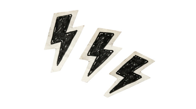 Three handdrawn lightning bolt shapes isolated on transparent background