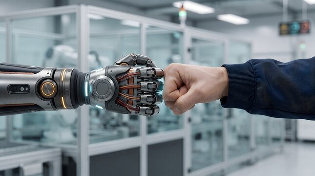Human fist bumps advanced robotic hand in factory setting
