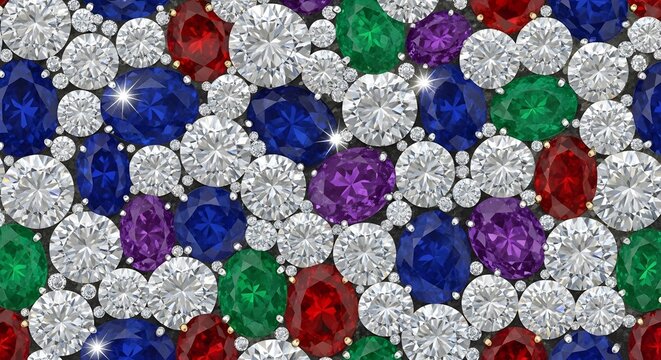 A Symphony of Gems: A vibrant collection of precious stones, including sparkling diamonds, deep blue sapphires, emerald green jewels, ruby red gemstones, and rich purple amethysts.