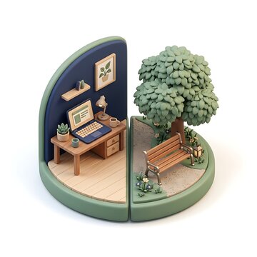 Miniature diorama of a home office workspace and a peaceful park bench under a tree