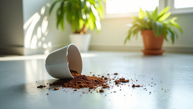 Broken Porcelain Pot with Houseplant and Natural Light