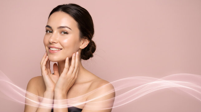 Woman touching cheek smiling with soft flowing lines on pink background for skincare beauty wellness