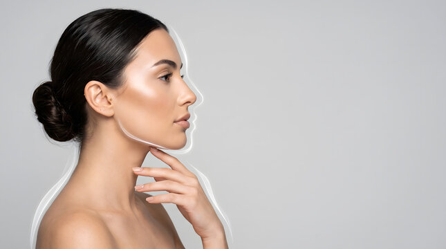 Woman in side profile touching neck on grey background with glowing outline for futuristic skincare beauty