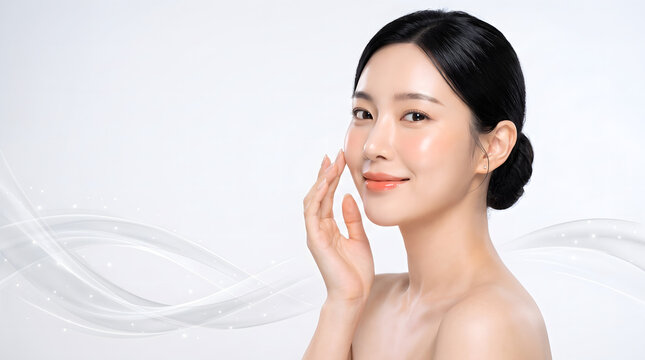 Asian woman gently touching cheek in profile against clean white background with soft flowing wave