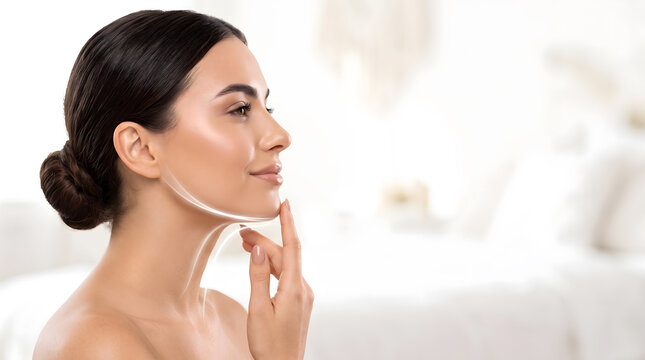 Woman in profile gently touching chin with facial contour line against soft blurred interior background