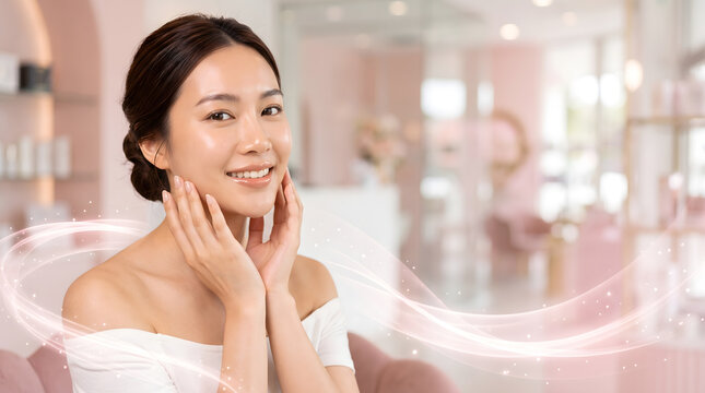 Asian woman smiling gently with both hands near her cheek against soft pink spa interior background