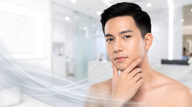 Young man gently touching chin with clear healthy skin against bright modern clinic interior background