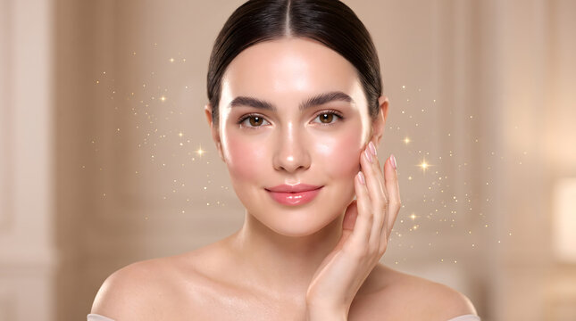 Woman gently touching cheek softly against warm golden sparkle bokeh background with radiant skin glow