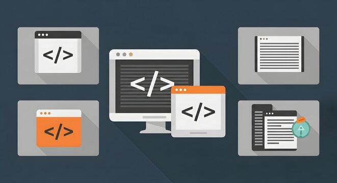 Coding and Development Icons: A clean, modern illustration depicting various elements of software development, including a computer monitor, coding windows with angle brackets, and file folders.