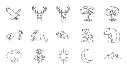 Fototapeta premium Nature Icons Set: A collection of simple outline icons representing various elements of the natural world, including animals, plants, weather, and celestial bodies.