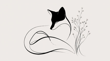 Naklejka premium Fox Curl with Wildflowers, Minimalist Illustration