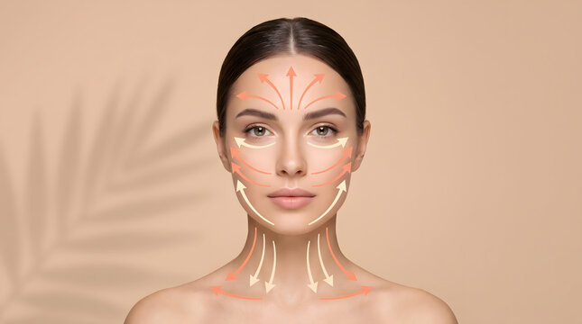 Diagram arrows showing facial lifting treatment direction across woman face and neck gentle radiant fresh natural